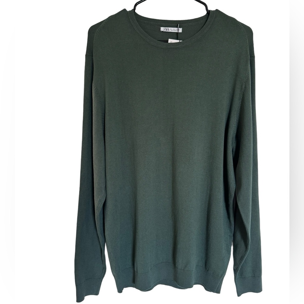 NWT Zara Olive Green Sweater Crew Neck Long Sleeve Size Large